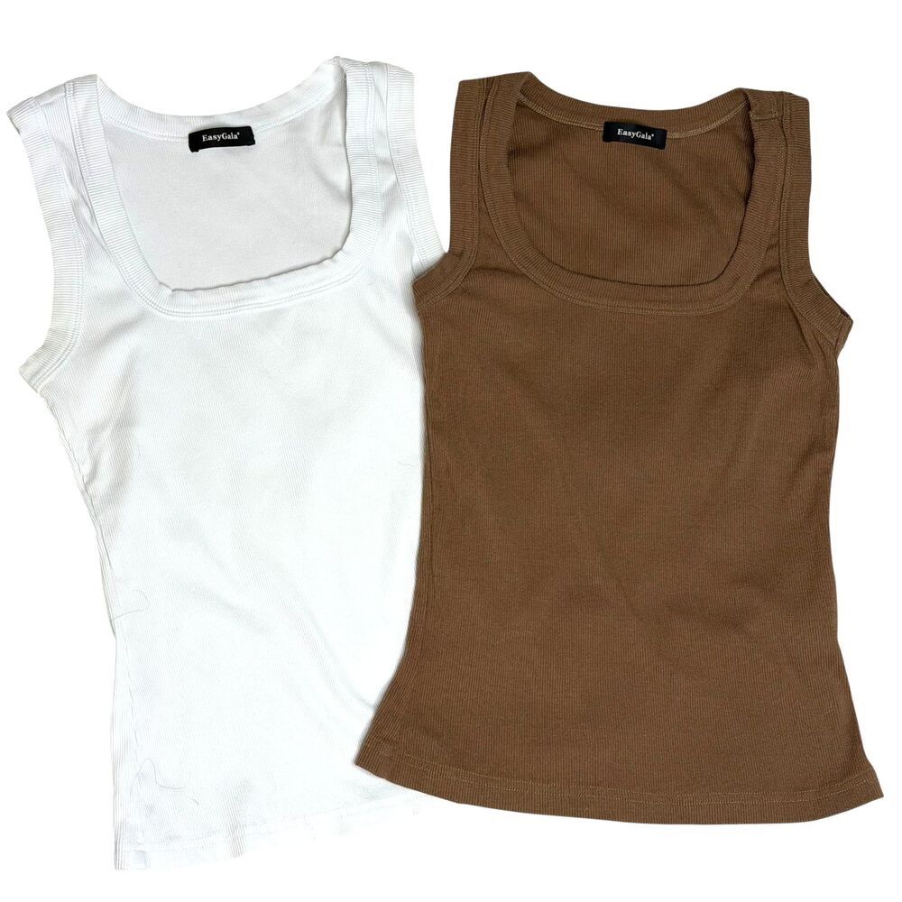 EasyGala Tank Top Shirt Square Neck Rib Knit Bundle of 2 Brown White S